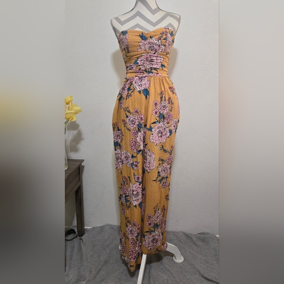 NWT Band of Gypsies Strapless Jumpsuit Mustard Yellow Pink Florals Sz Small - Picture 2 of 11